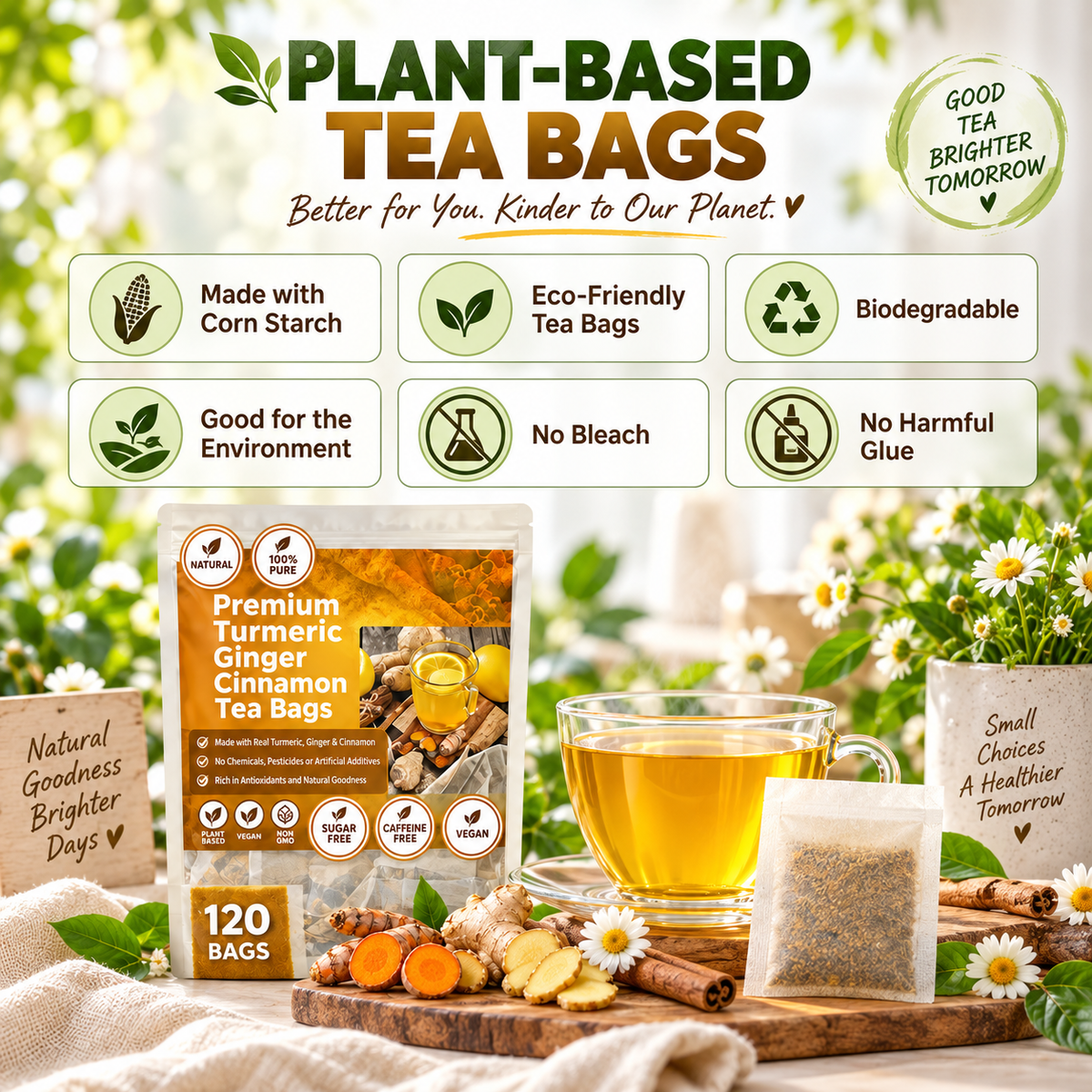 Plant-based biodegradable tea bag features with brewed tea and product pouch