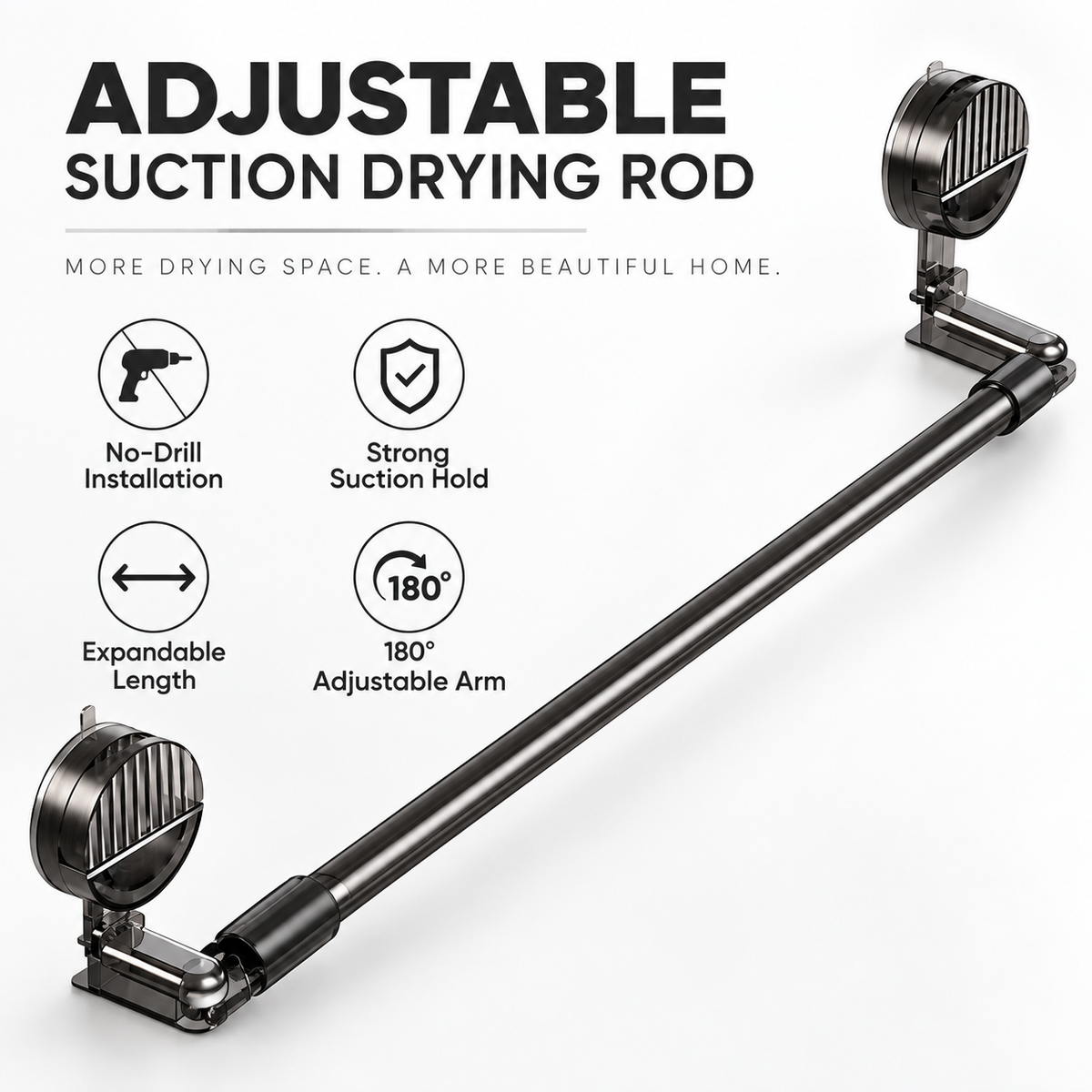 Adjustable Suction Cup Shower Curtain Rod 38-76 in, Drill, Non-Slip Tension Rod for Glass Doors, Easy Install Towel Rack & Holder Transparent Gray Black
