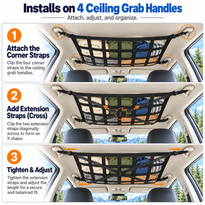 Upgrade Car Ceiling Cargo Net Pocket, Double-Layer Car Roof Storage Organizer
