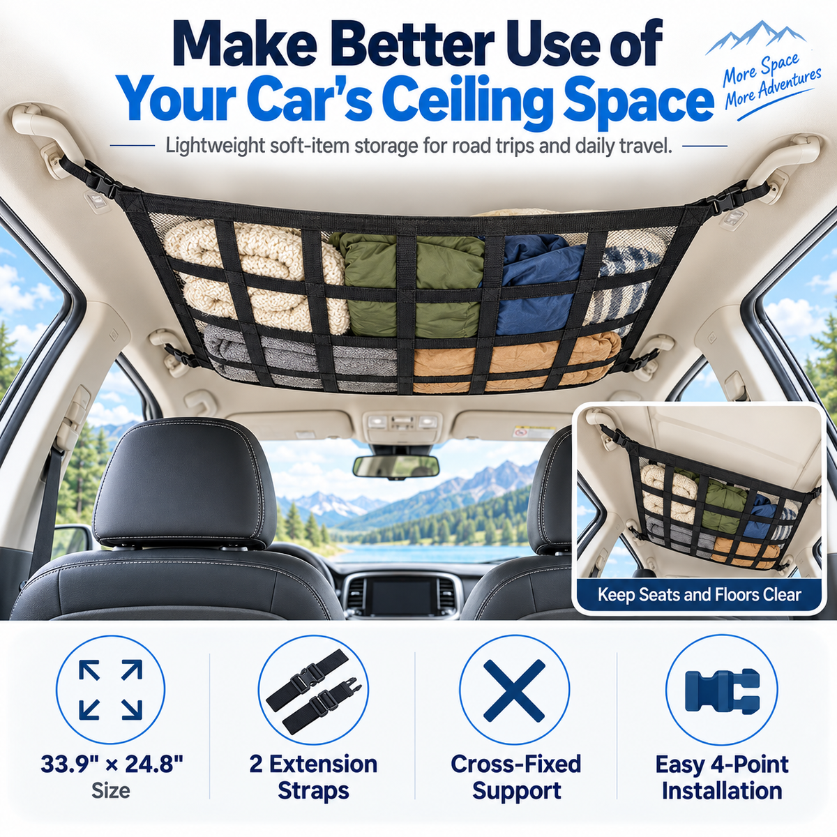 Upgrade Car Ceiling Cargo Net Pocket, Double-Layer Car Roof Storage Organizer