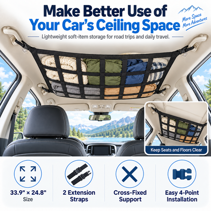 Upgrade Car Ceiling Cargo Net Pocket, Double-Layer Car Roof Storage Organizer