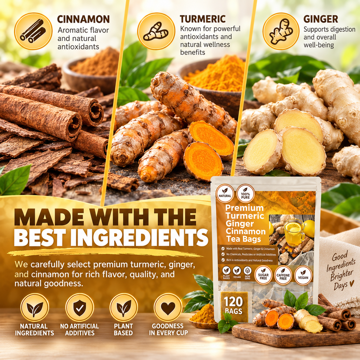 Cinnamon, turmeric and ginger shown beside the 120-bag tea pouch
