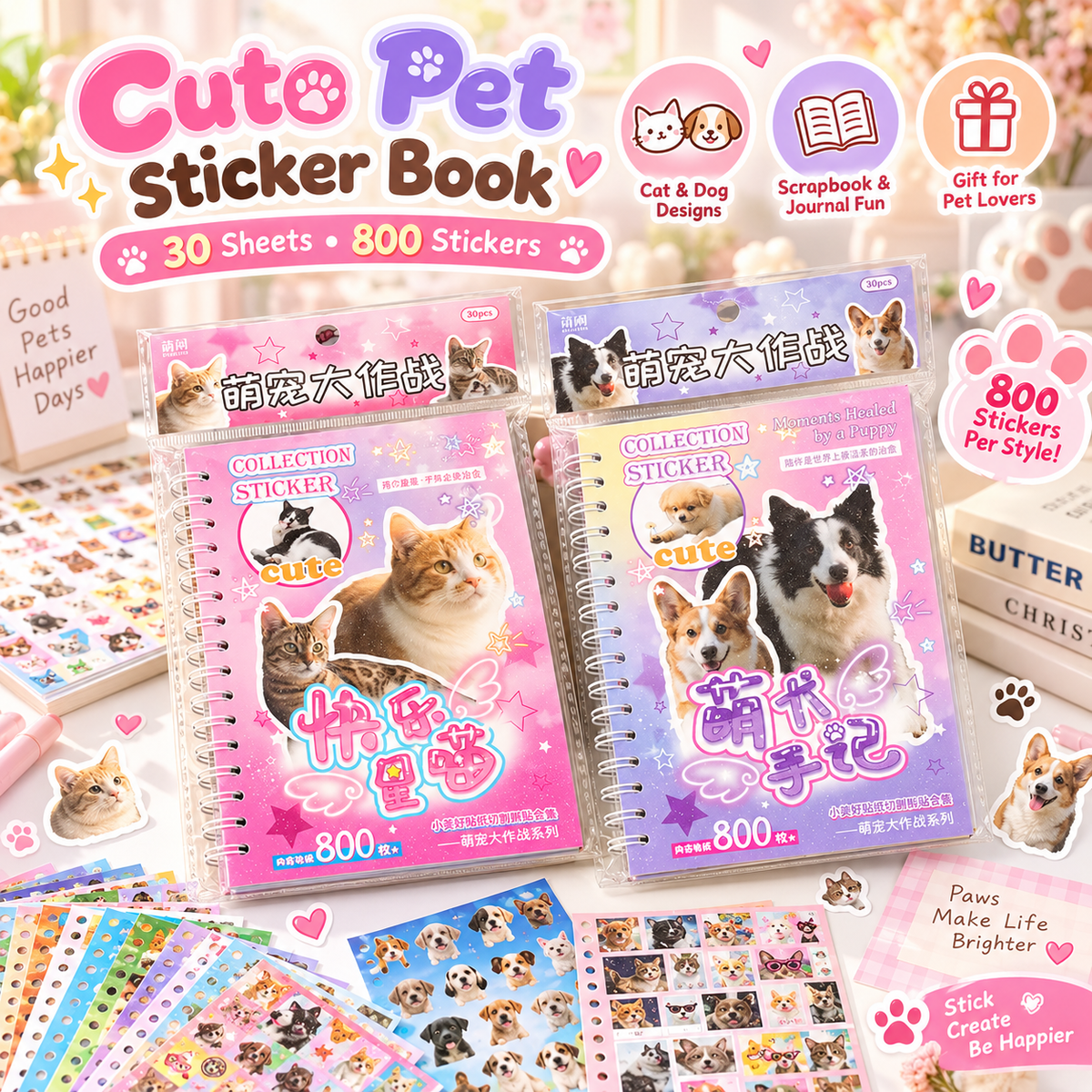 Cute Pet Sticker Book, 30 Sheets Cat & Dog