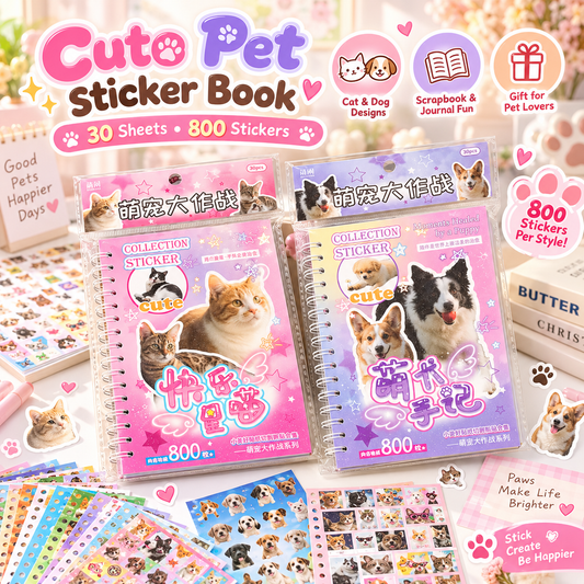 Cute Pet Sticker Book, 30 Sheets Cat & Dog