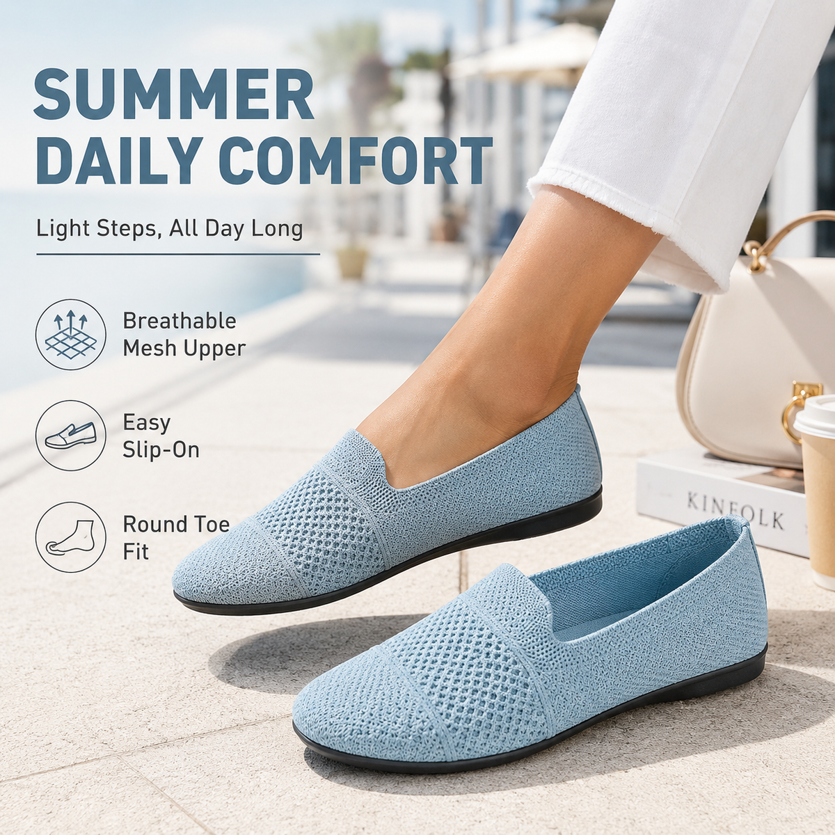 Women's Knit Round-Toe Slip-On Ballet Flats, Breathable PU