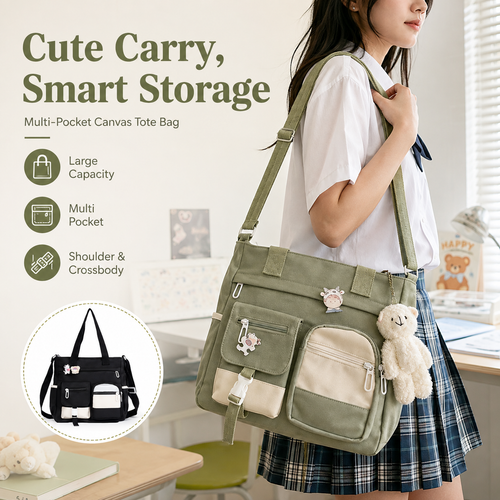 Canvas Tote Bag with Multi Pockets for Women