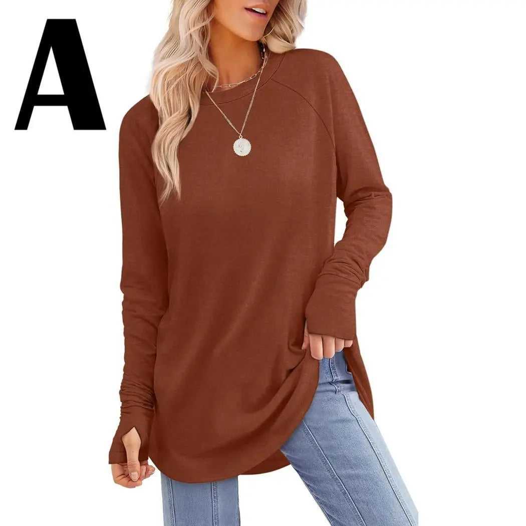 Women’s Casual Tunic Tops with Thumb Holes & Curved Hem