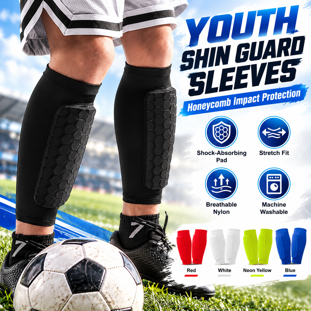 Kids Soccer Shin Defender Shin Guards Sleeves with Foam Padding - Sizes S to XL