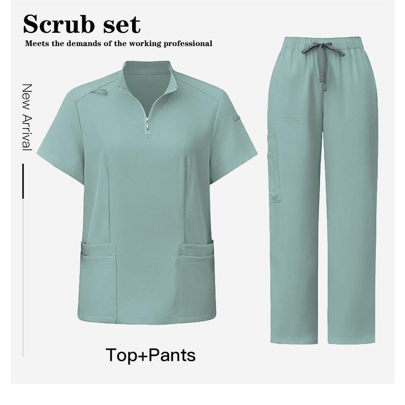 Unisex Surgical Scrubs Set with Stand Collar Zipper Top and Straight Leg Pants