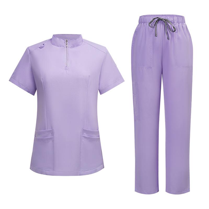 Unisex Surgical Scrubs Set with Stand Collar Zipper Top and Straight Leg Pants