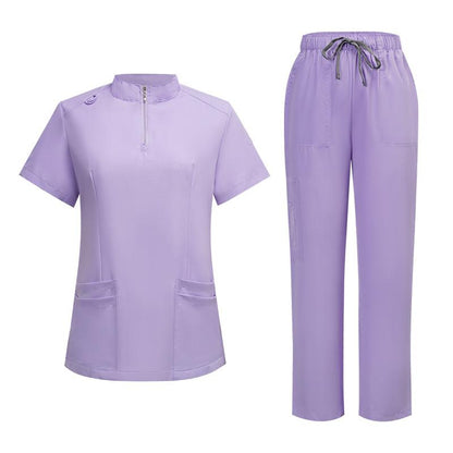 Unisex Surgical Scrubs Set with Stand Collar Zipper Top and Straight Leg Pants