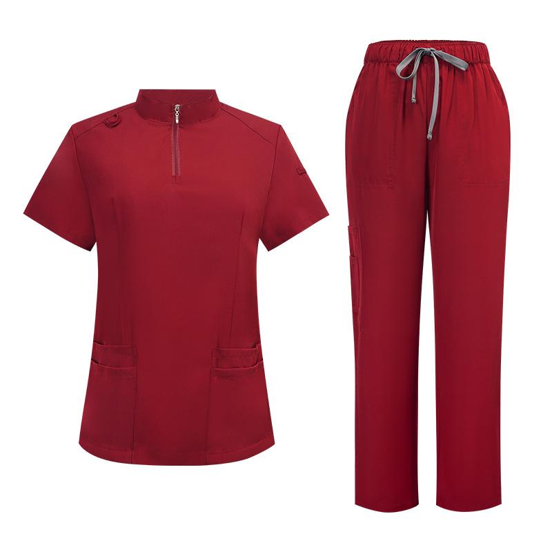 Unisex Surgical Scrubs Set with Stand Collar Zipper Top and Straight Leg Pants