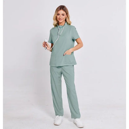 Unisex Surgical Scrubs Set with Stand Collar Zipper Top and Straight Leg Pants