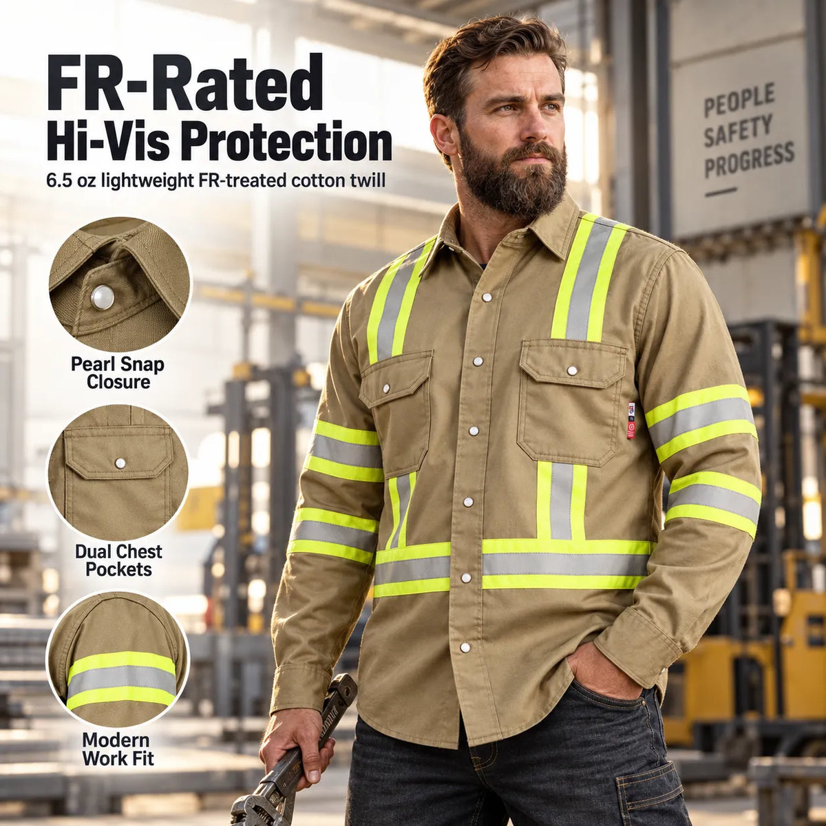 Men's FR Hi Vis Pearl Snap Safety Work Shirt, 7.5oz 100% Cotton Reflective Workwear