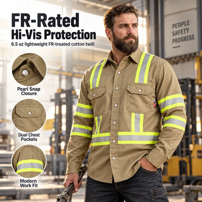Men's FR Hi Vis Pearl Snap Safety Work Shirt, 7.5oz 100% Cotton Reflective Workwear