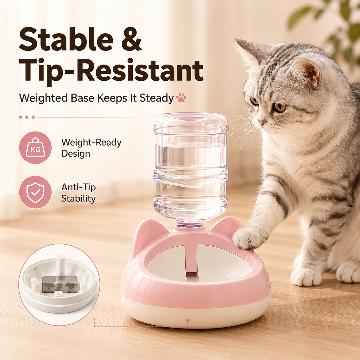 Stable tip-resistant pink pet water dispenser with weight-ready base