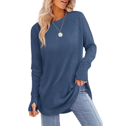 Women’s Casual Tunic Tops with Thumb Holes & Curved Hem