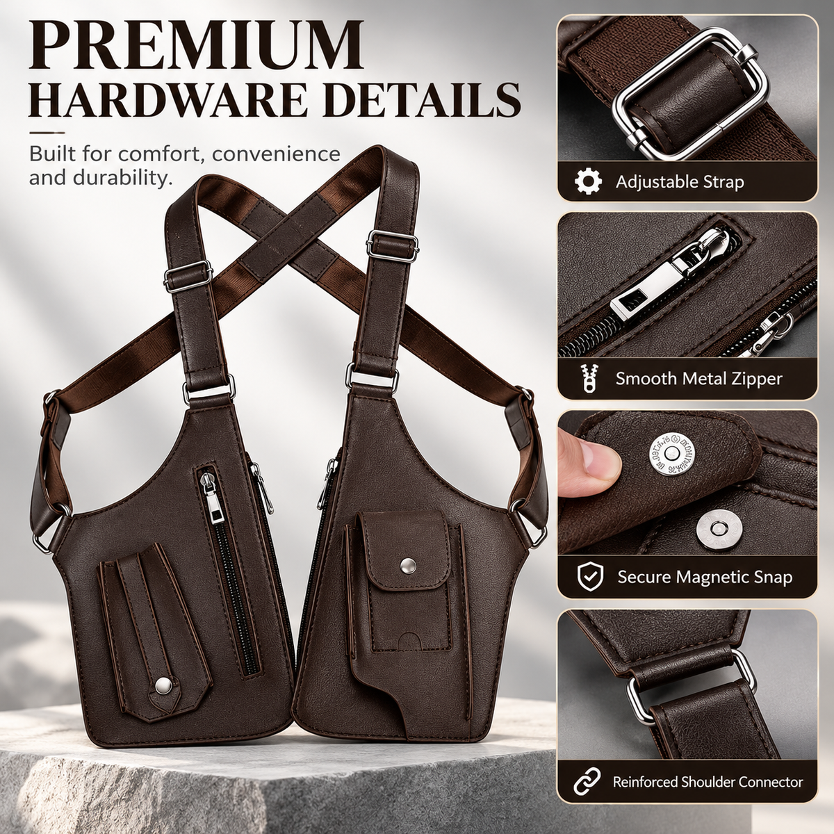 Close-up view of adjustable straps, zipper, snap and reinforced strap connection