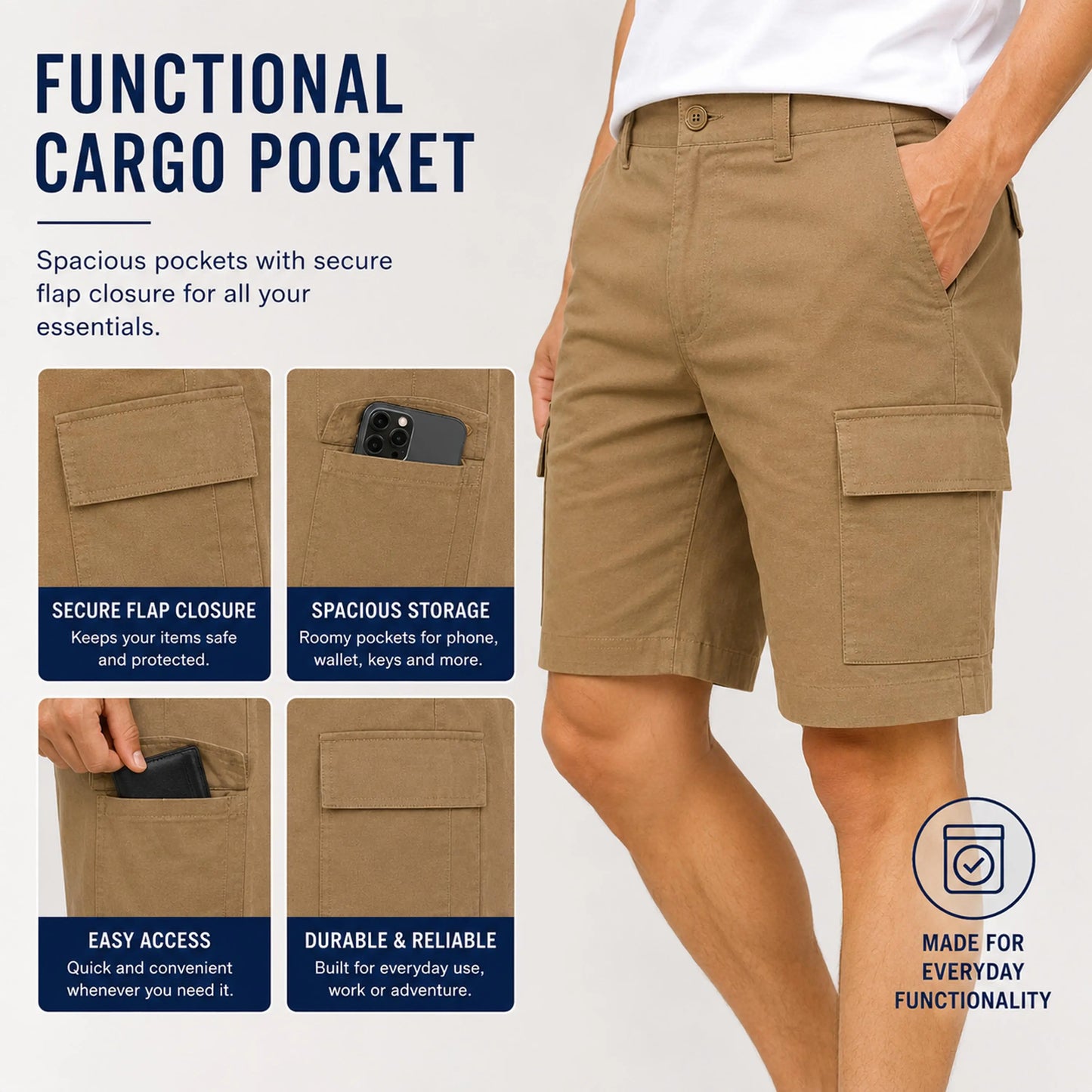 Mens 3-Pack Super Stretch Cargo Shorts with Zipper Pockets