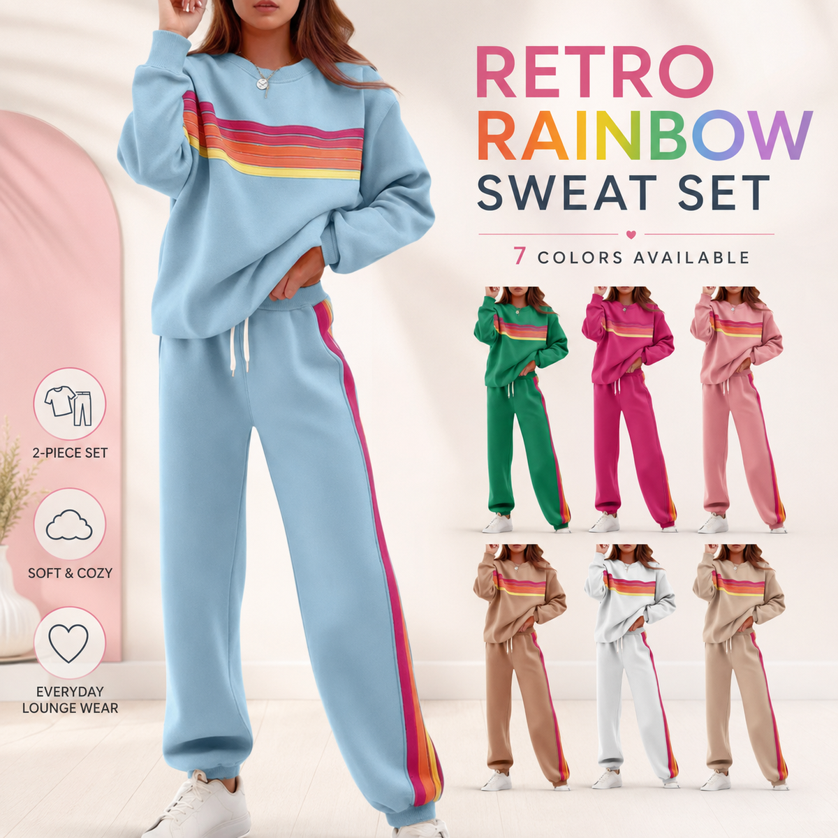 Women's 2-Piece Boxy Sweat Set in Retro Rainbow Stripe