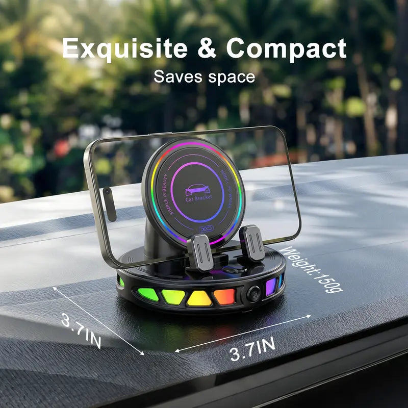 360° Rotating Wireless Charging Car Phone Mount with RGB LED Lights