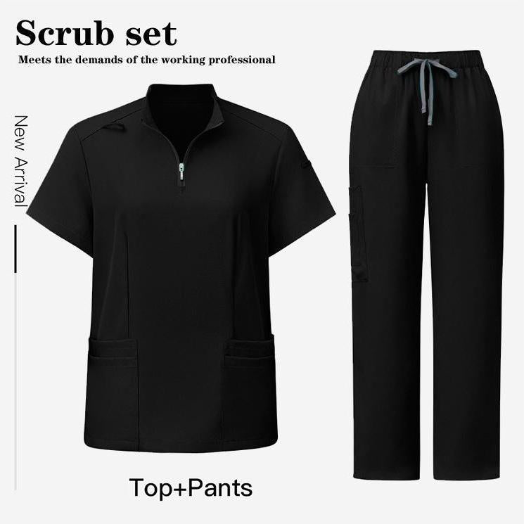 Unisex Surgical Scrubs Set with Stand Collar Zipper Top and Straight Leg Pants