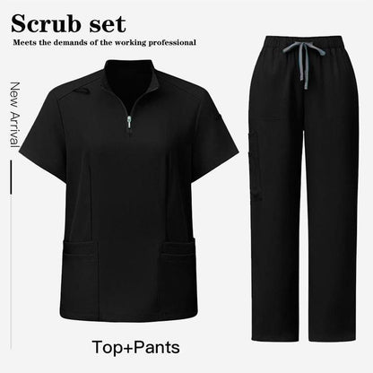 Unisex Surgical Scrubs Set with Stand Collar Zipper Top and Straight Leg Pants