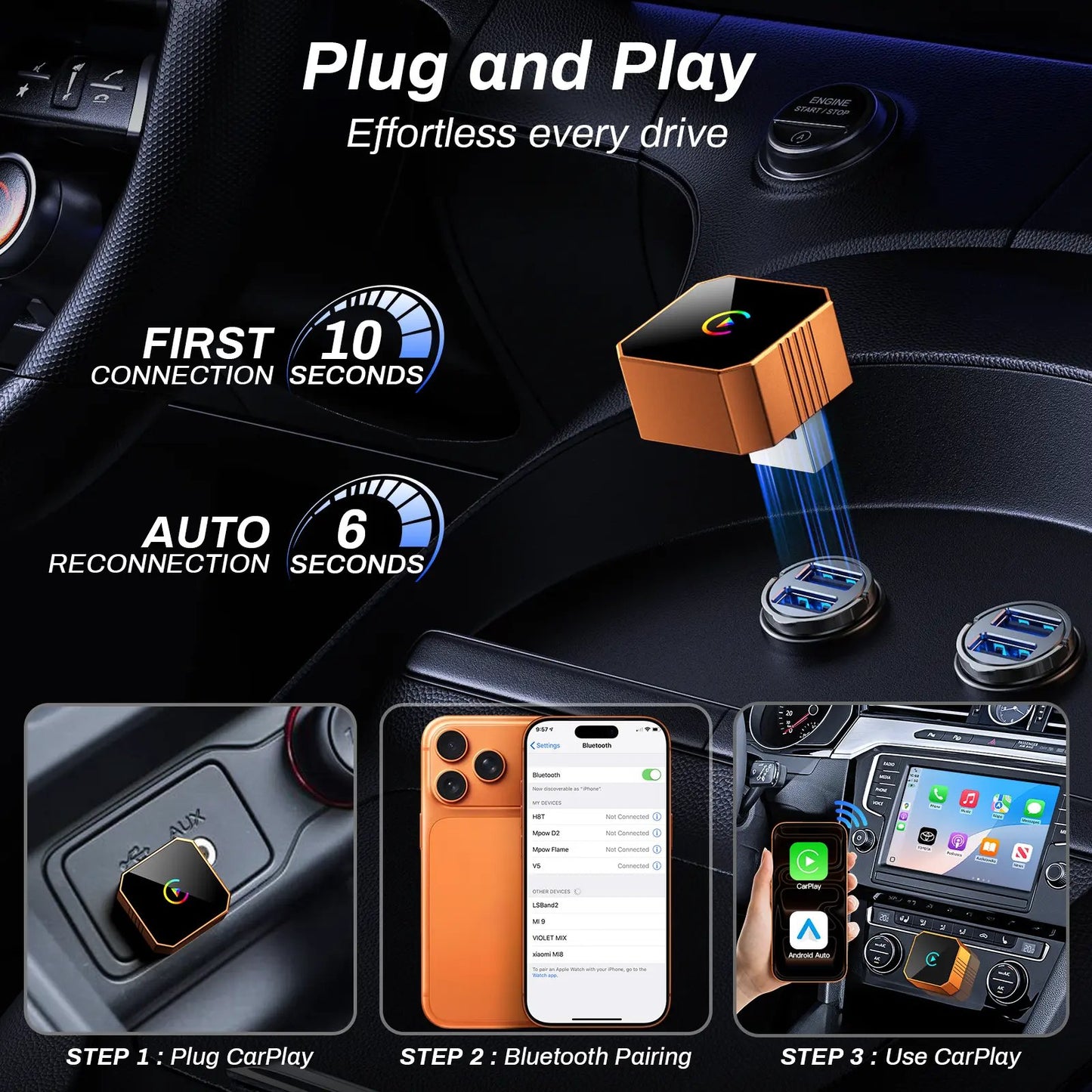 2 in 1 Wireless CarPlay Adapter, Plug & Play, Fast Auto Connection, Compatible with Factory CarPlay Cars 2016+
