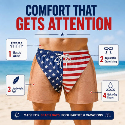 🏖️ Funny Patriotic Men's Swim Trunks| 🌊Freedom & Chill Beach Shorts