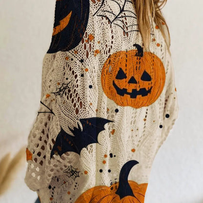 Women's Halloween Pumpkin-Bat Knit Pullover Sweater