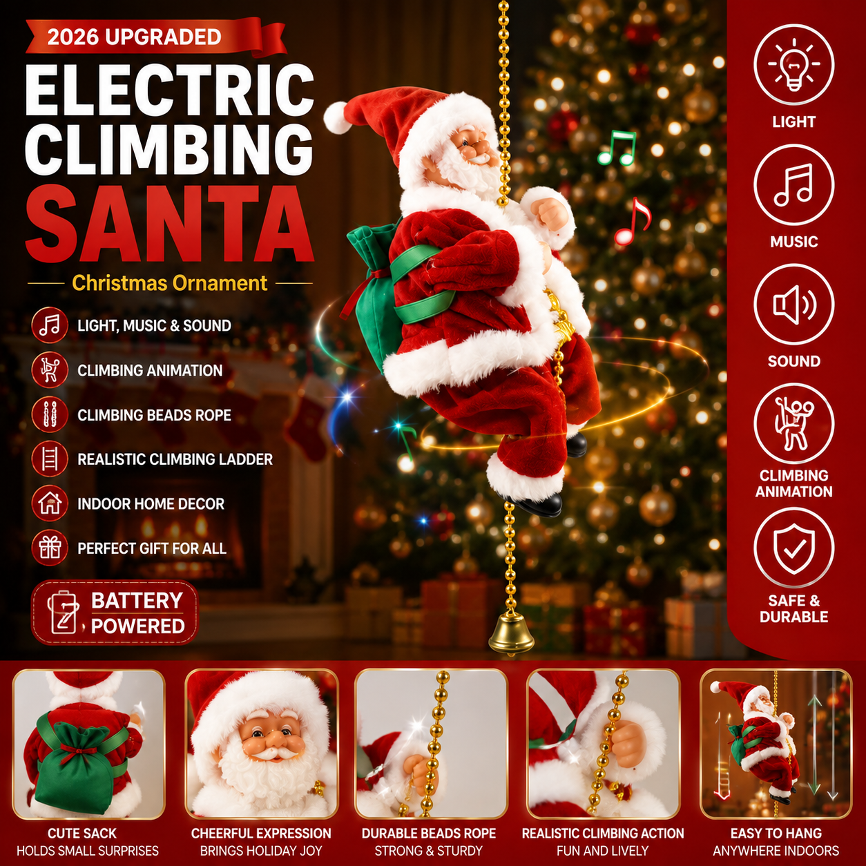 2026 Electric Climbing Santa Christmas Ornament - Battery-Powered