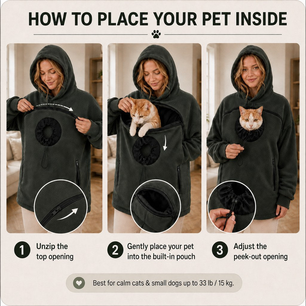 Paws in Awe Hands-Free Pet Carrier Hoodie – Cozy Front Pouch for Cats & Small Dogs at Home & Everyday Outings