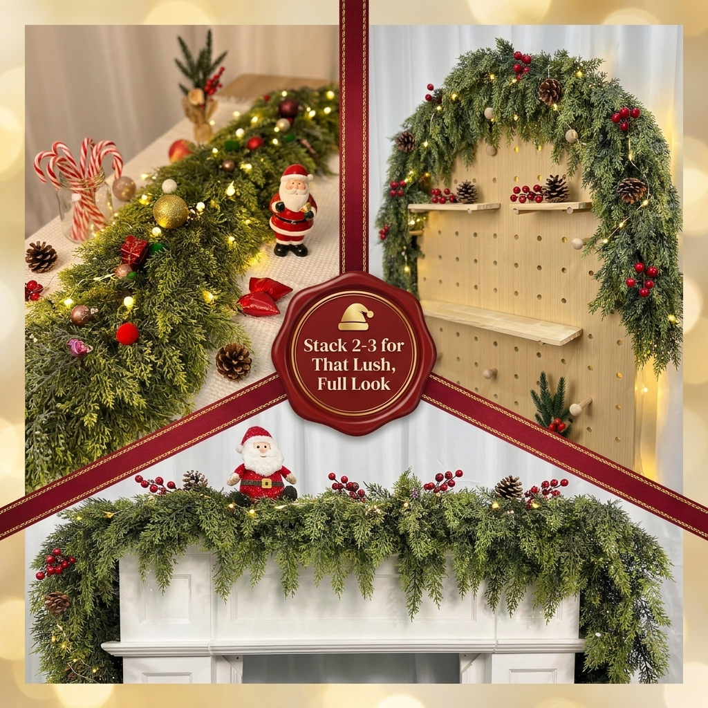 Multiple cedar garlands layered for fuller Christmas decor