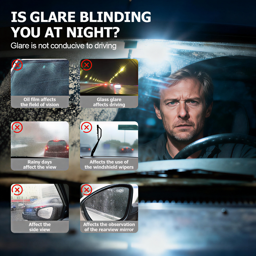 Night glare and oil film problems on car windshield