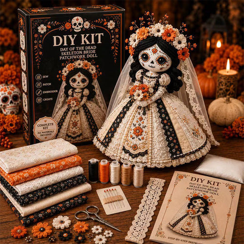 🎃Day of the Dead Patchwork Doll DIY Sewing Kit - Handmade Fabric Doll Craft Kit with Floral Details