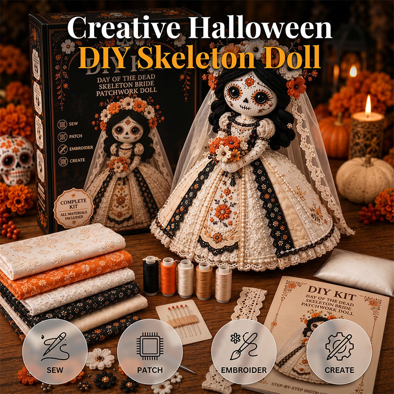 🎃Day of the Dead Patchwork Doll DIY Sewing Kit - Handmade Fabric Doll Craft Kit with Floral Details