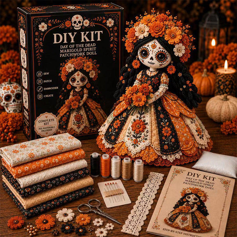 🎃Day of the Dead Patchwork Doll DIY Sewing Kit - Handmade Fabric Doll Craft Kit with Floral Details