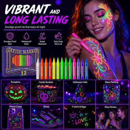 ✨ Glow Party Tattoo Pens – Fun UV Body Art Markers for Parties, Festivals & Night Events