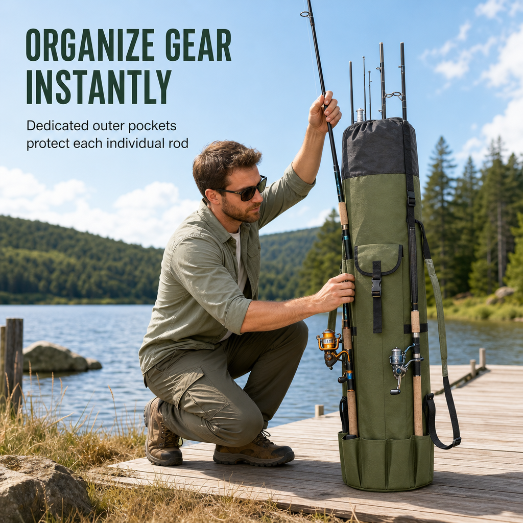Folding Cylindrical Fishing Rod Bag Drawstring Fishing Tackle Storage Carrier for Reservoir and Lure Fishing