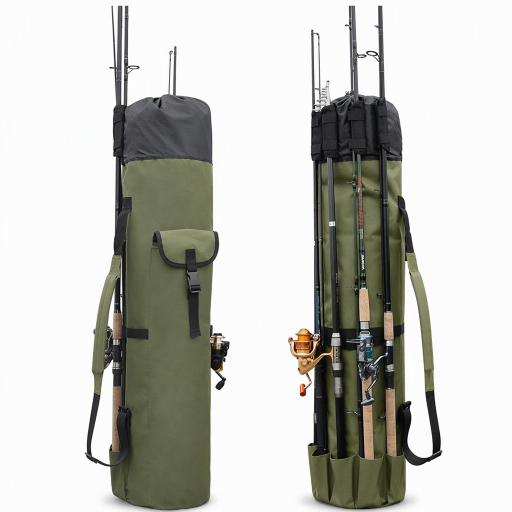 Folding Cylindrical Fishing Rod Bag Drawstring Fishing Tackle Storage Carrier for Reservoir and Lure Fishing