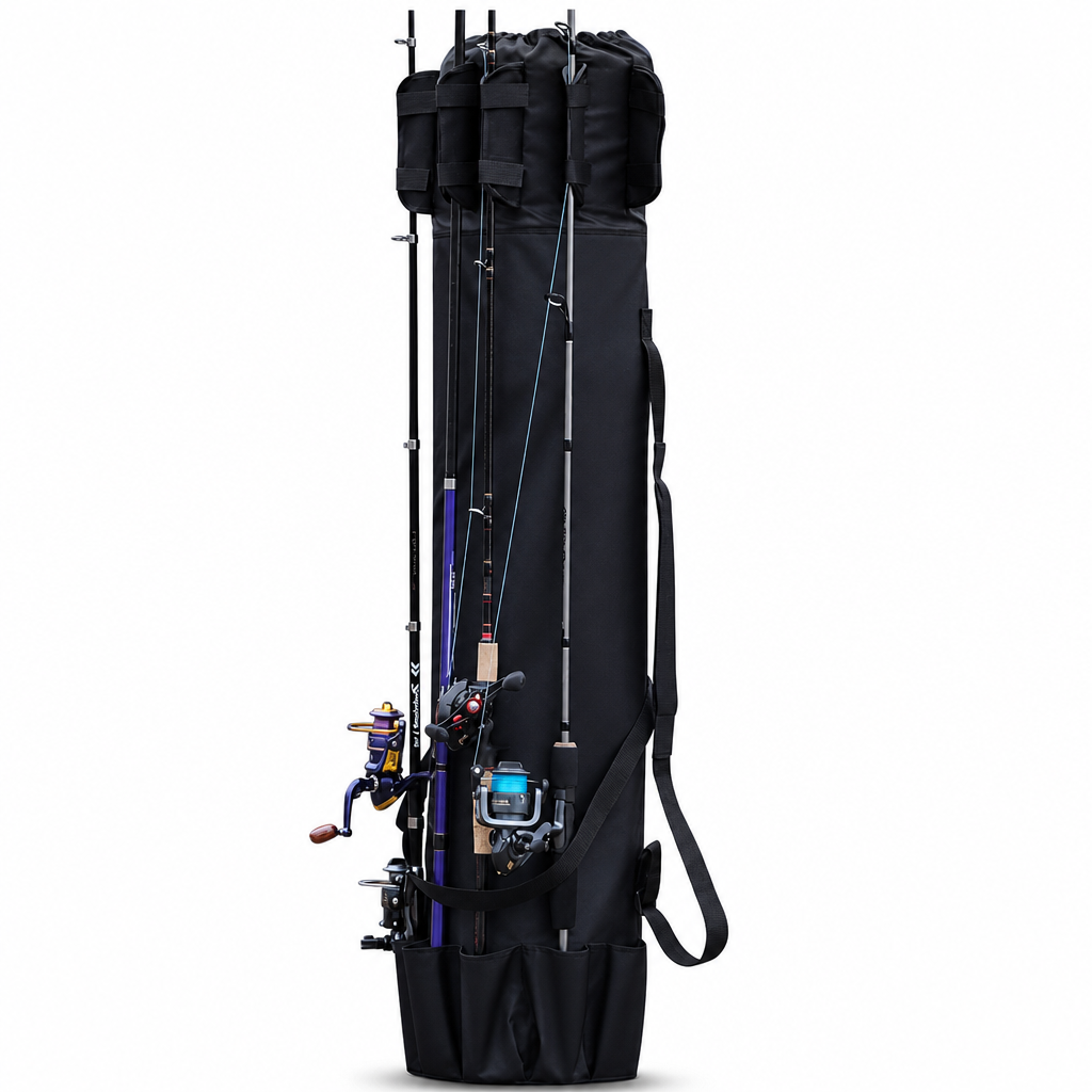 Folding Cylindrical Fishing Rod Bag Drawstring Fishing Tackle Storage Carrier for Reservoir and Lure Fishing