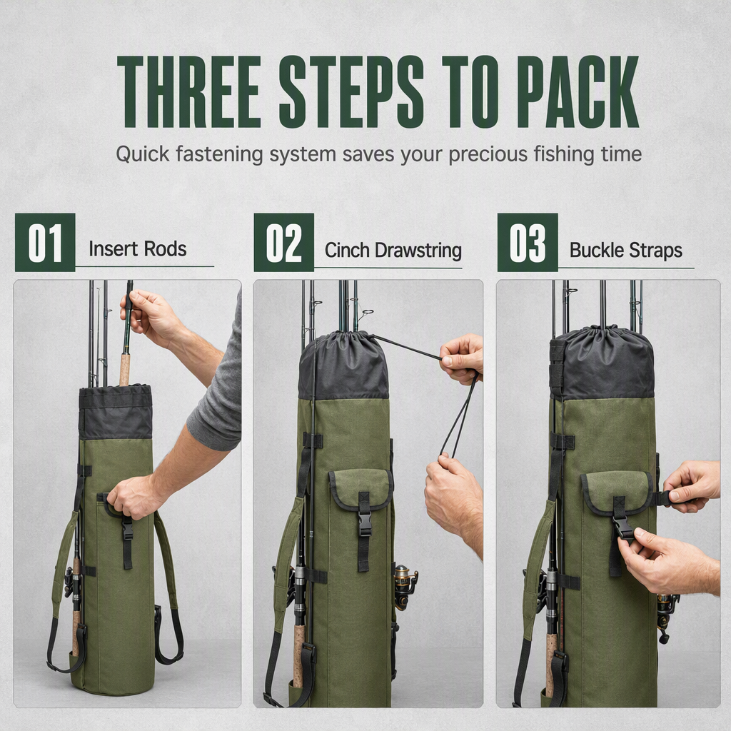 Folding Cylindrical Fishing Rod Bag Drawstring Fishing Tackle Storage Carrier for Reservoir and Lure Fishing